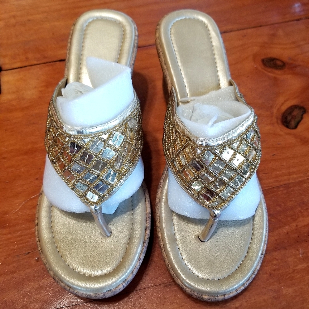 Women's Boho Metallic Gold Sequin Wedge Sandals Sz.6